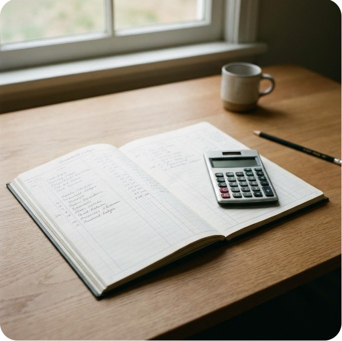 금융 기초를 상징하는 가계부와 계산기