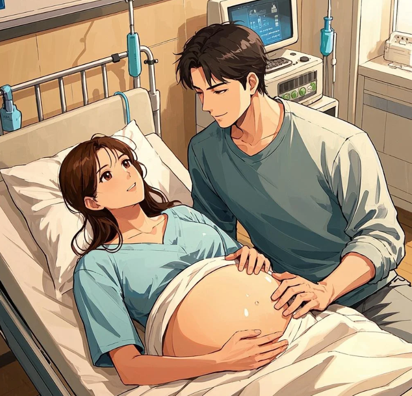 출산을 앞둔 여자와 옆에서 힘이 되어주는 남편