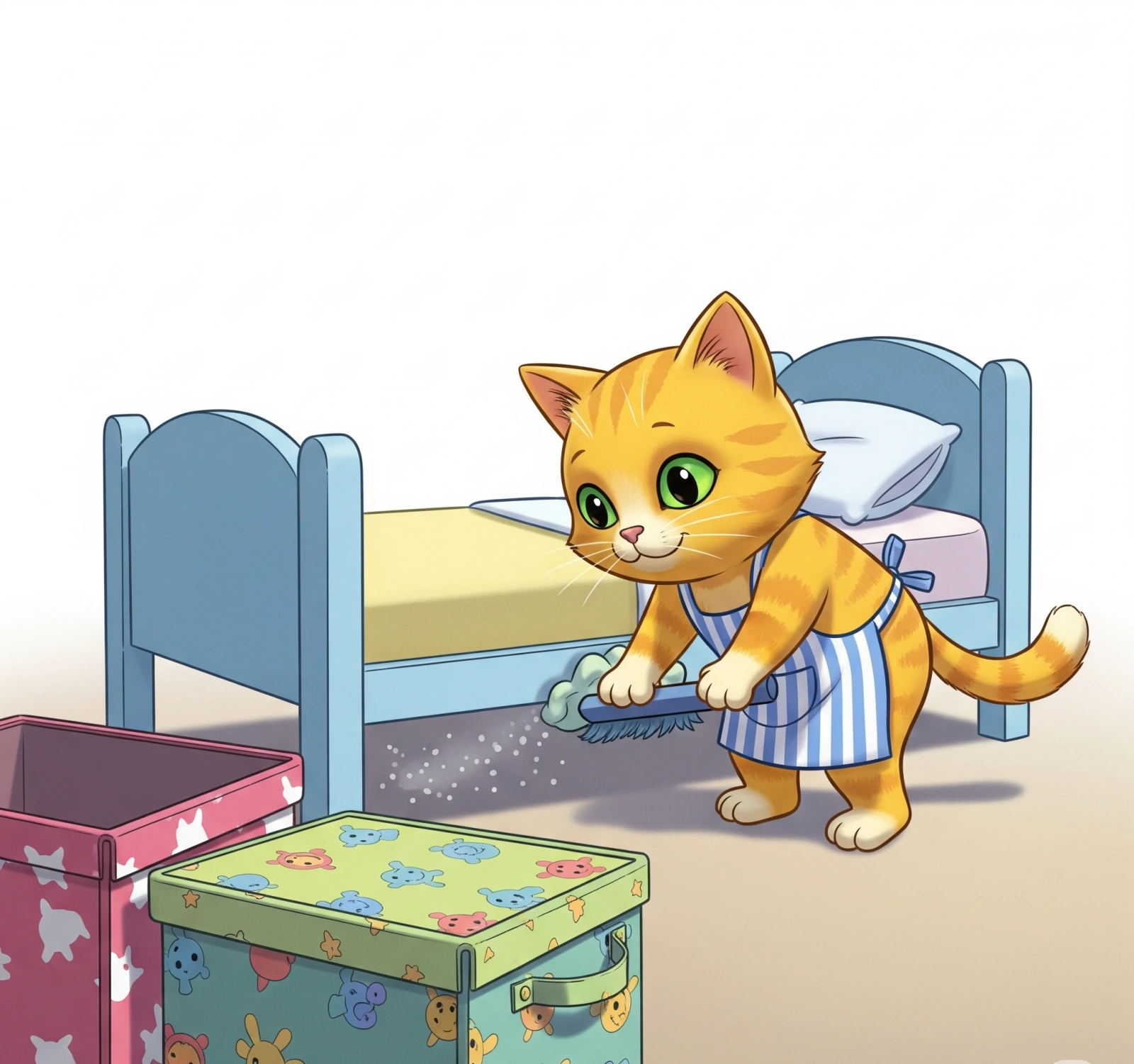 침대 밑을 정리하는 고양이 그림, Illustration of a cat organizing under the bed