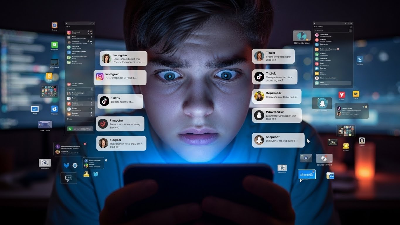 스마트폰 알림에 스트레스 받는 청소년의 모습