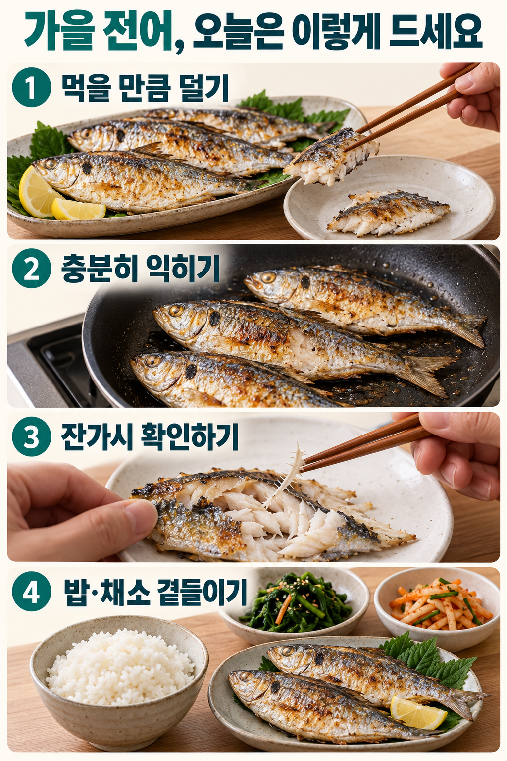 먹는 양을 덜기, 전어를 충분히 익히기, 잔가시를 확인하기, 채소와 밥을 곁들이기를 네 실사 장면으로 정리.