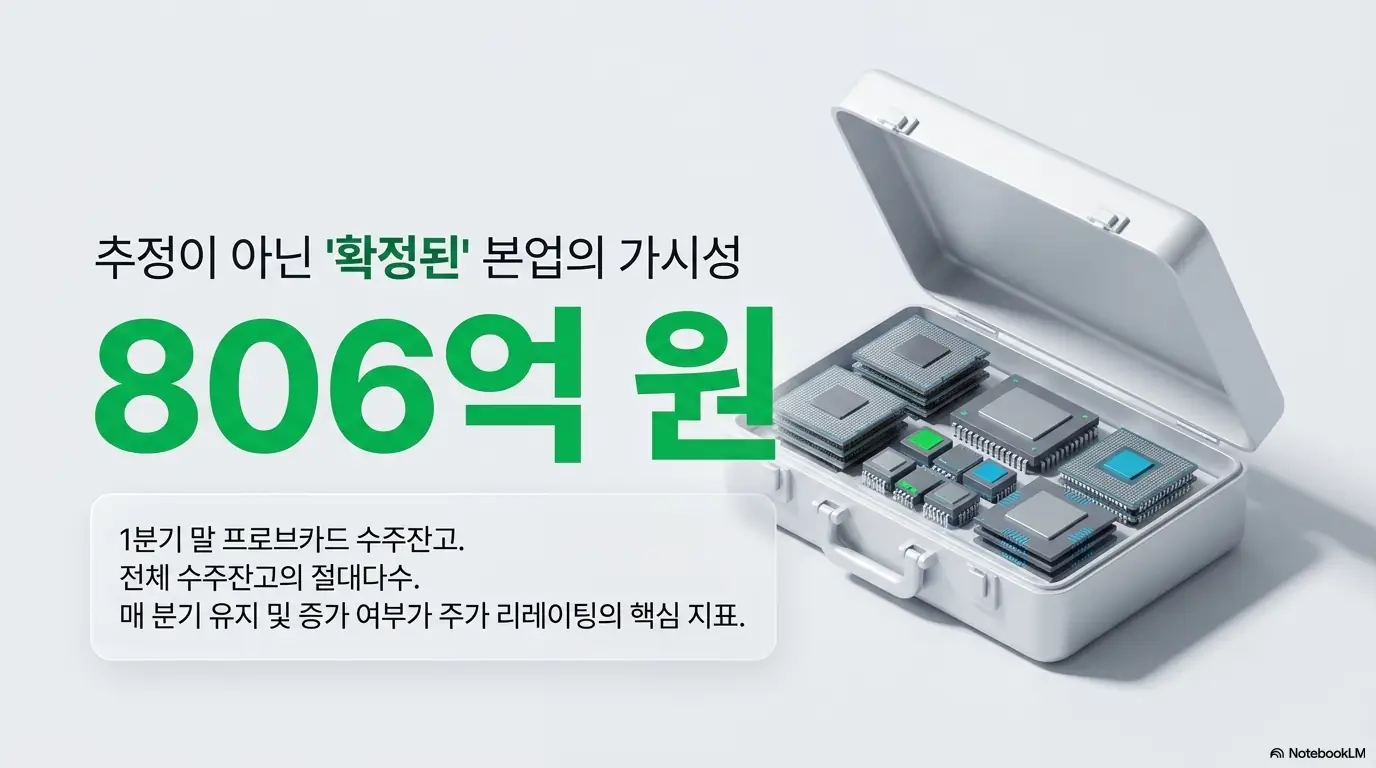 티에스이 주가전망: 티에스이의 2026년 1분기 말 프로브카드 수주잔고가 806억 원으로 전체 수주잔고의 대부분을 차지함을 부품 케이스 이미지로 표현. 추정이 아닌 공시로 확정된 본업 가시성을 시각화하며&amp;#44; 매 분기 유지&middot;증가 여부가 주가 리레이팅 핵심 지표라는 티에스이 주가 전망을 설명함 