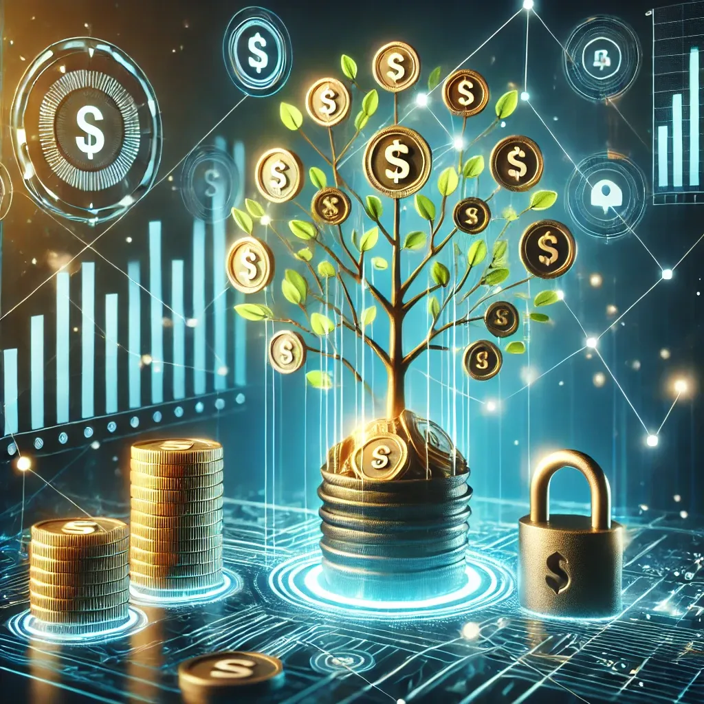 연금저축펀드의 추상적 표현&amp;#44; 디지털 플랫폼과 금화 나무