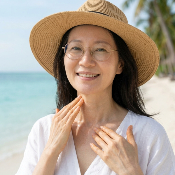 푸른 바다를 배경으로 50대 한국 여성이 밀짚모자를 쓰고 자외선으로부터 피부를 보호하며 활짝 미소 짓는 16:9 비율의 실사 사진.