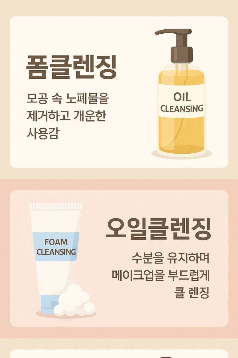 폼클렌징과 오일클렌징의 기능 차이를 소개하는 일러스트. 폼클렌징은 모공 속 노폐물 제거, 오일클렌징은 수분 유지와 메이크업 클렌징에 효과적이라고 설명