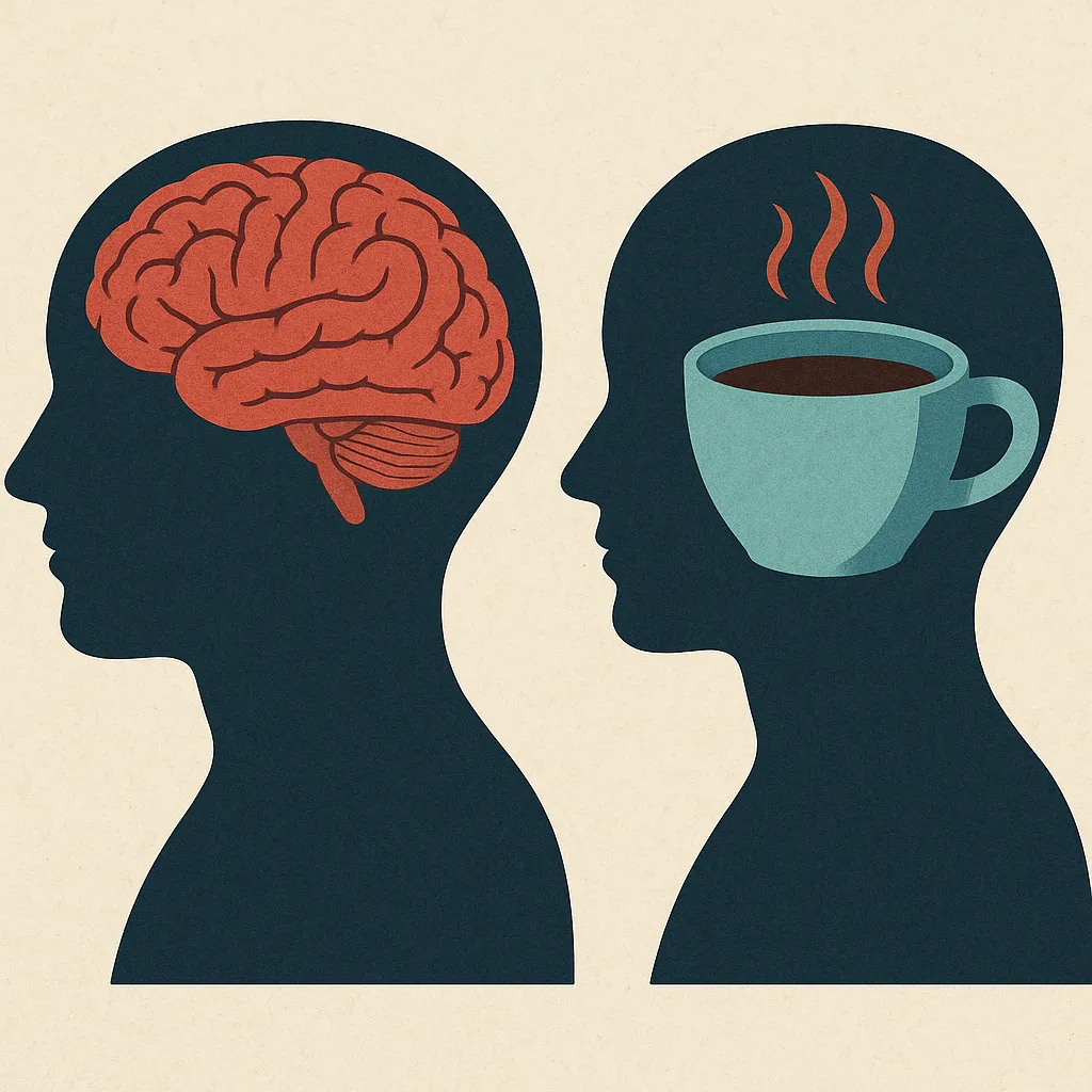 카페인에 민감한 사람의 뇌와 일반인의 반응 차이를 상징적으로 보여주는 일러스트
