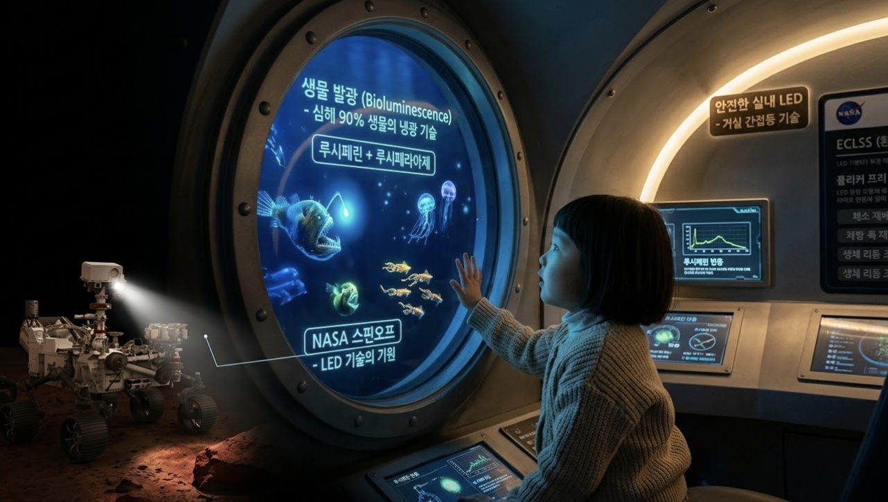 빛 한 점 없는 영하의 심해 어둠 속에서 초롱아귀, 심해 해파리, 노란색 야광 오징어들이 스스로 몸을 태워 내는 신비로운 '냉광(생물 발광)'을 발하고 있다. 이 심해의 야광 너머로, 우주 공간을 비행하는 국제우주정거장(ISS) 내부의 LED 조명과, 어두운 화성 표면을 비추는 탐사선의 고효율 LED 헤드라이트 이미지가 환상적으로 오버랩된다