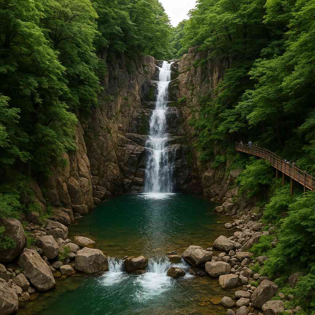 철원 삼부연폭포의 시원한 물줄기와 자연 절벽이 어우러진 한탄강 주상절리 풍경