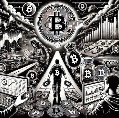 비트코인으로 부자가 된 사람들이 어떤식으로 투자했는지를 모노톤으로 표현한 그림