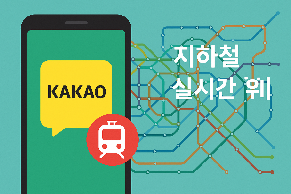 카카오톡 앱에서 지하철 실시간 위치 확인하는 모습, 서울 지하철 노선도가 배경으로 보이는 감각적인 썸네일 이미지
