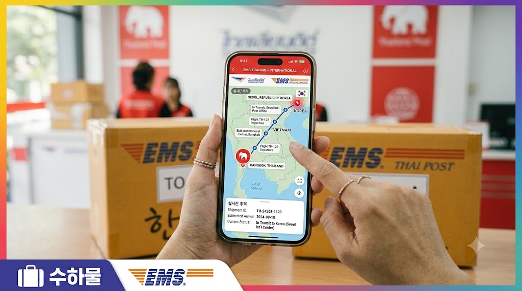 스마트폰 화면으로 태국 우체국 EMS 배송 상태를 조회하는 모습