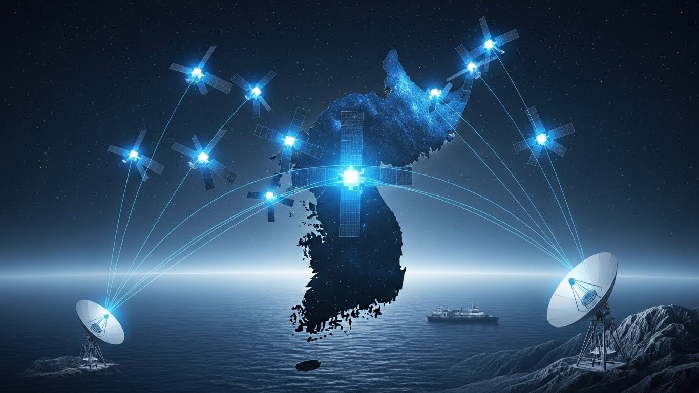 한국지도가 있고 위성에서 전파를 곳곳으로 쏘고있다