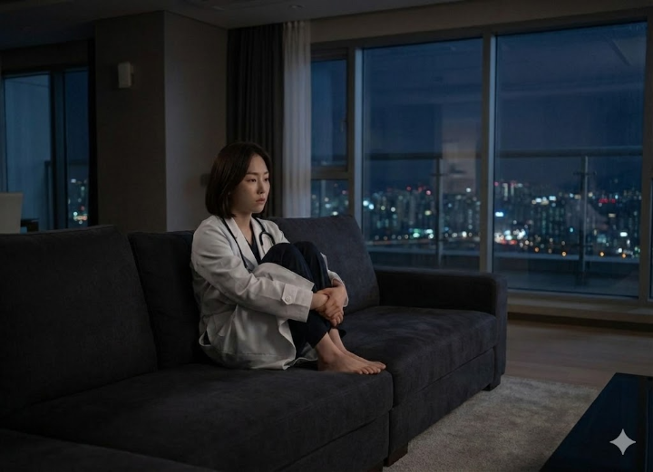 텅 빈 거실 소파에 앉아 무릎을 안고 있는 서현진의 모습