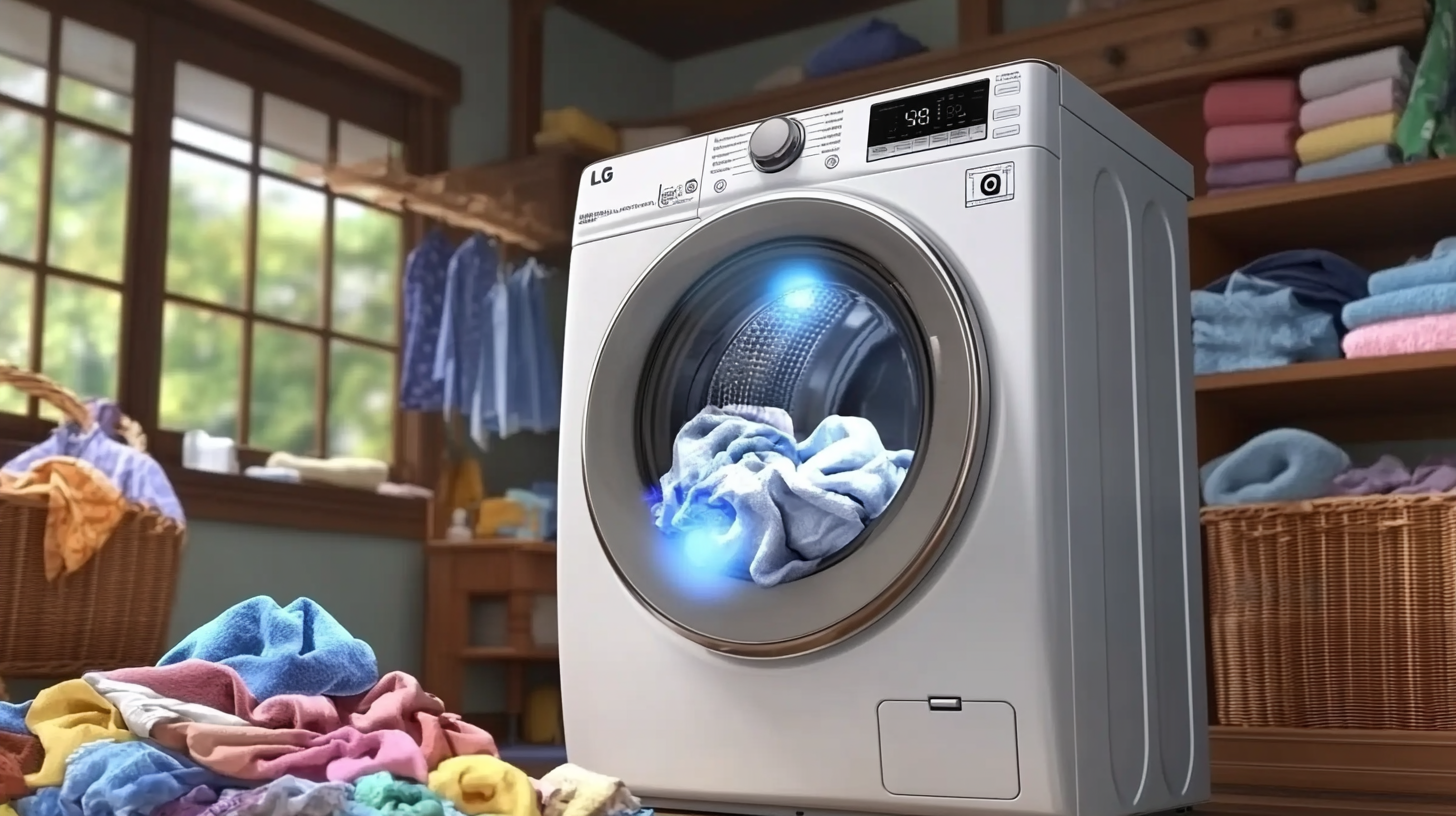 홀로그램 알림으로 세탁 상태를 표시하며 다양한 유형의 세탁물을 처리하는 역동적인 LG AI 세탁기.