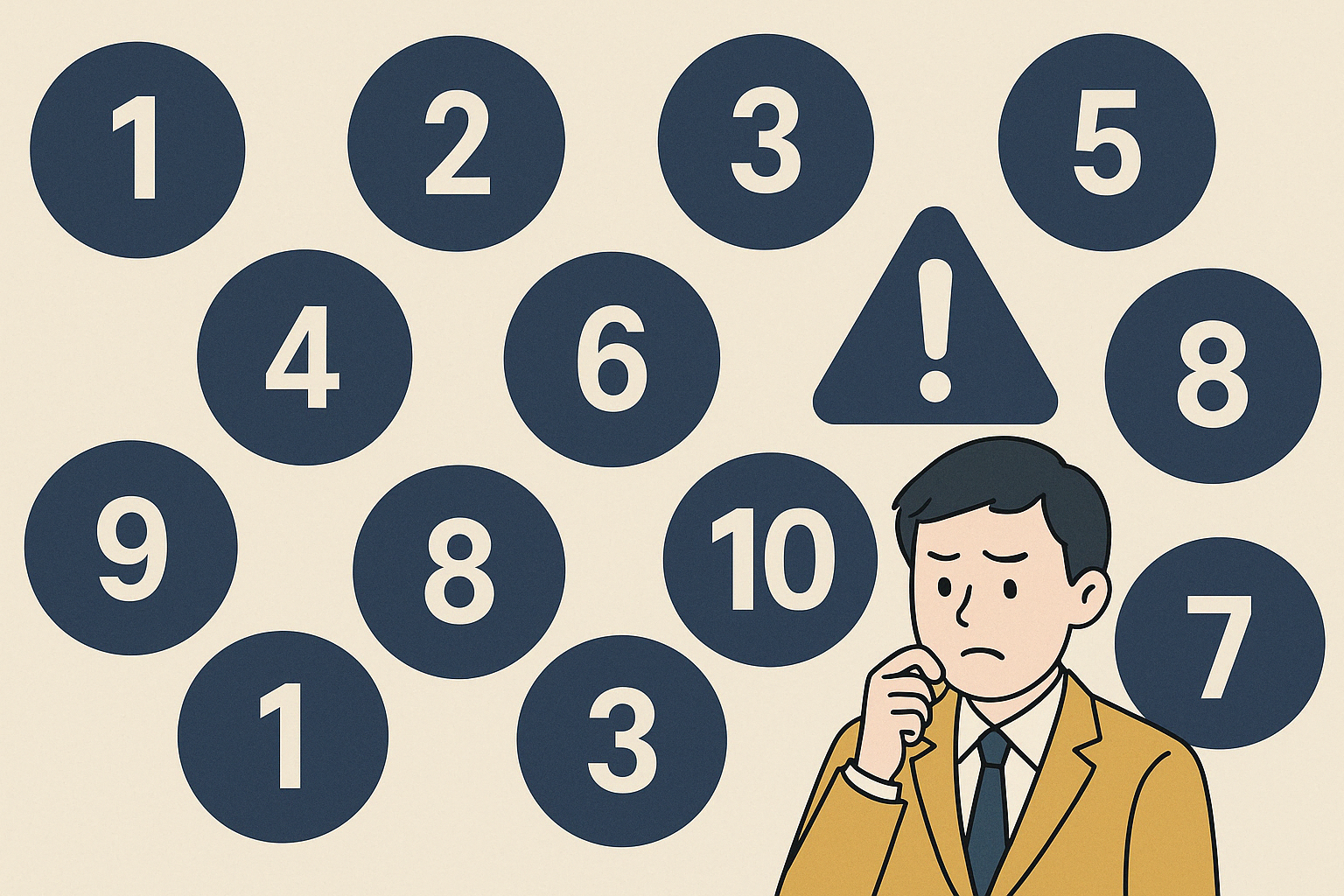 공무원-시험-함정-문제-주의하는-수험생-일러스트-번호-혼란-주의표시-걱정하는-남성-수험생