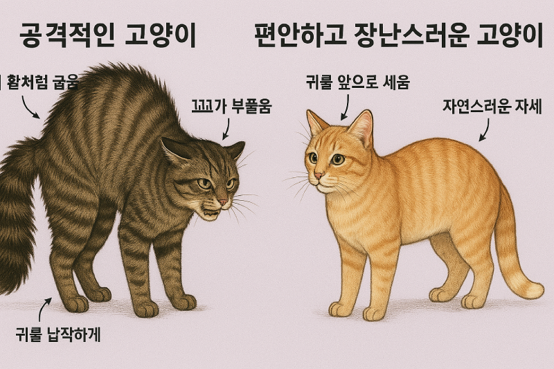 집고양이 싸움 해결법: 공격적인 고양이와 편안한 고양이의 몸짓 언어 비교 일러스트 - 귀, 꼬리, 자세의 차이를 강조한 한글 설명 이미지