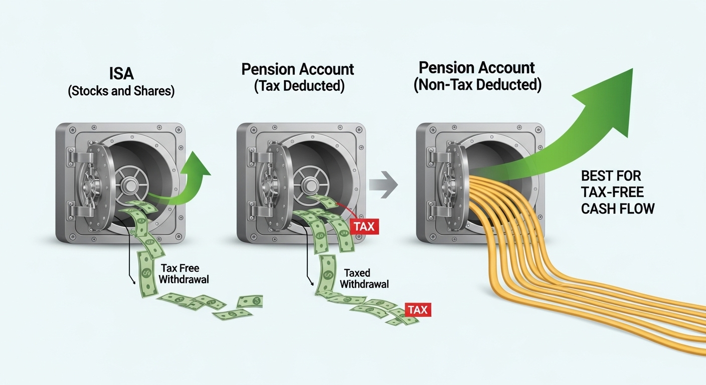 3개의 금고(ISA, 연금, IRP)가 있고, 연금저축 금고에서만 세금 없이 현금이 흘러나오는 모습. 최적화된 현금 흐름을 시각화함