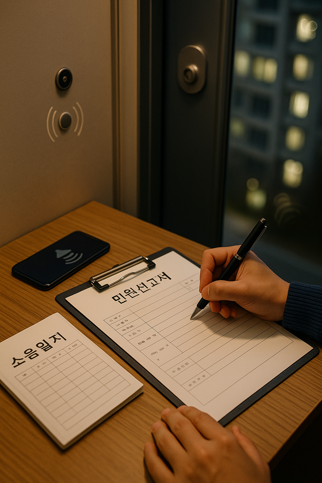 층간소음 민원신고를 준비하는 모습(책상 위 소음일지와 민원서류, 펜)