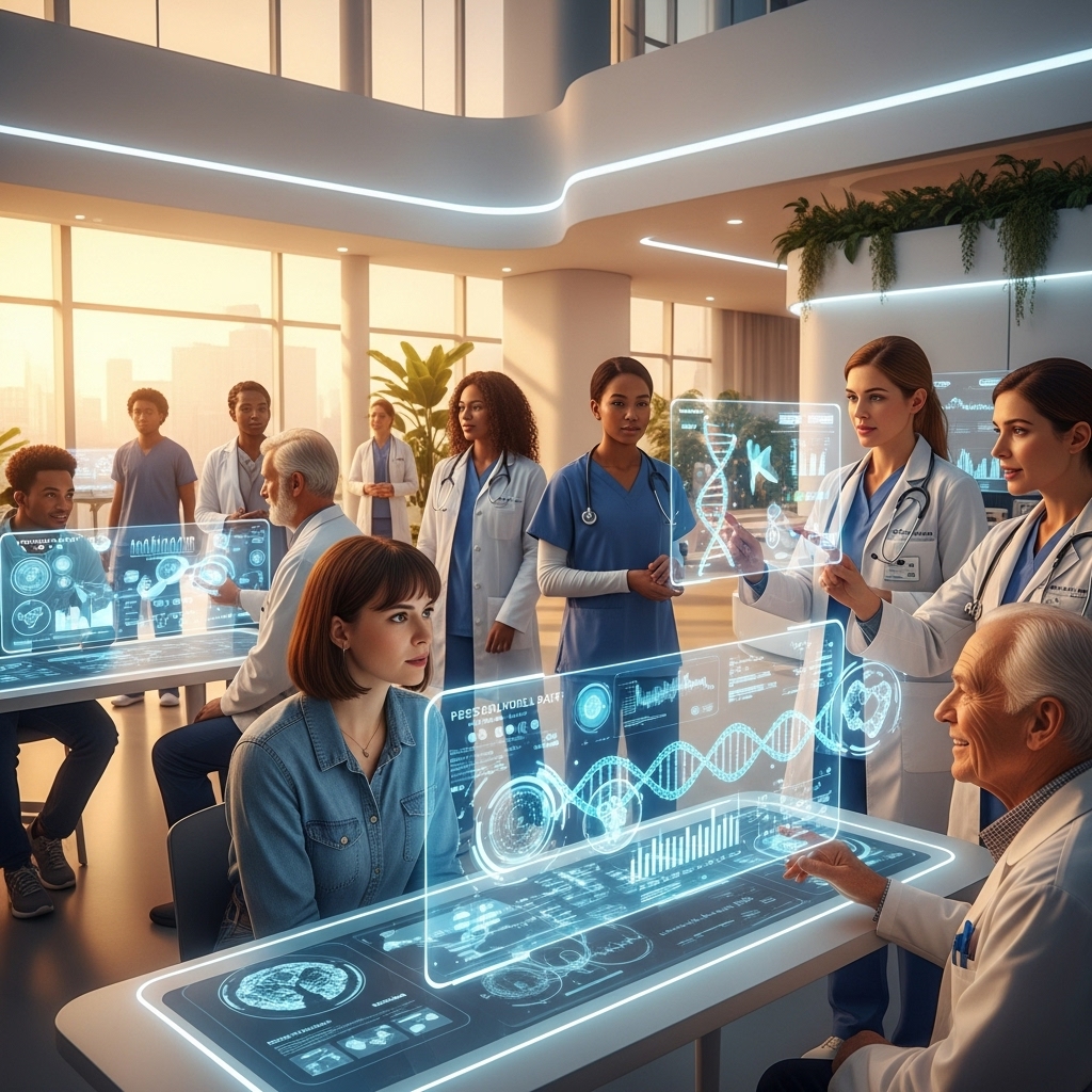 미래형 병원 또는 연구실에서 다양한 사람들이 개인 맞춤형 건강 데이터를 확인하고, 의사 또는 연구원이 DNA와 건강 지표를 보여주는 홀로그램 화면을 설명하는 모습. 혁신적이고 개인화된 헬스케어의 비전을 담고 있습니다.