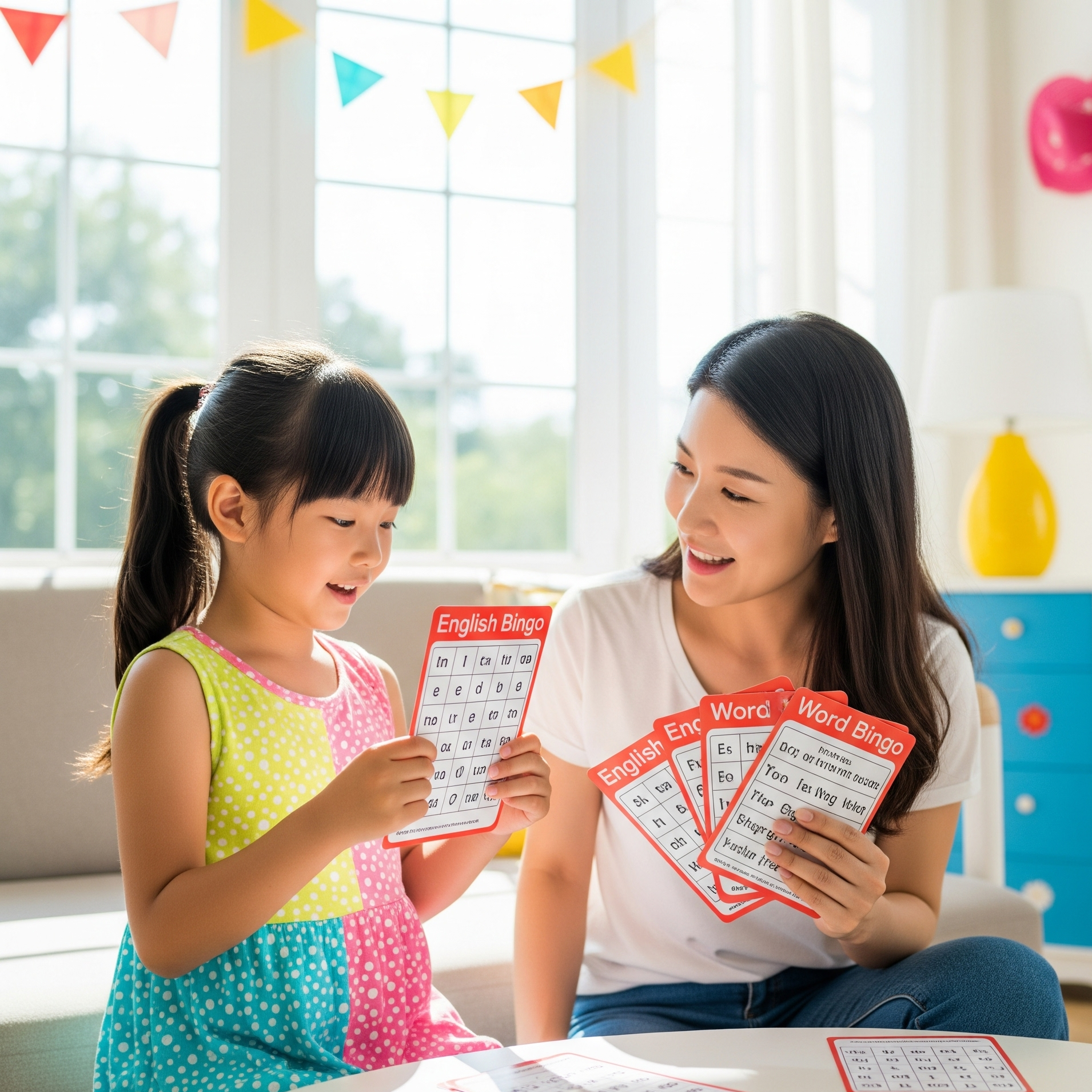 엄마와 영어 단어 빙고를 하는 아이