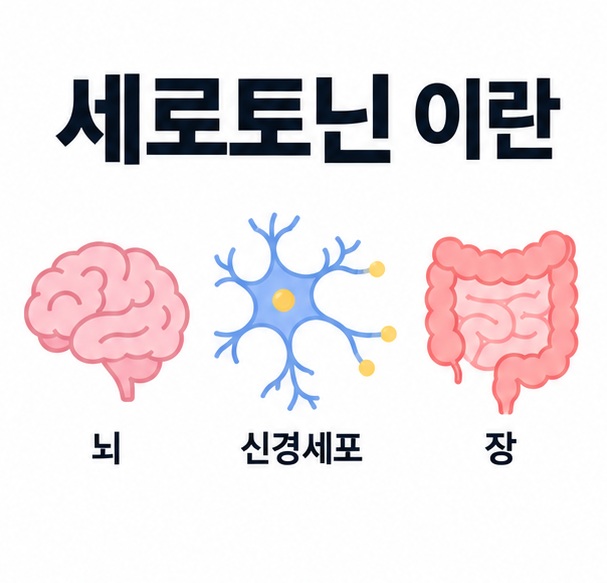뇌 신경세포와 장을 상징하는 아이콘을 배경으로 세로토닌 이란이라는 글자가 중앙에 놓인 교육용 인포그래픽
