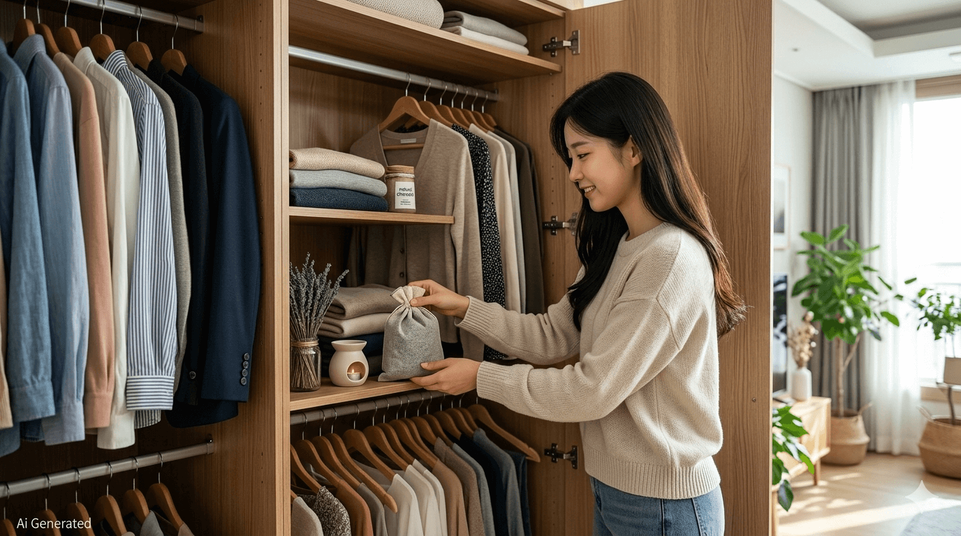 옷장 선반에 라벤더 화분과 굵은 소금 주머니를 놓아 옷장 냄새를 제거하고 의류를 관리하는 모습