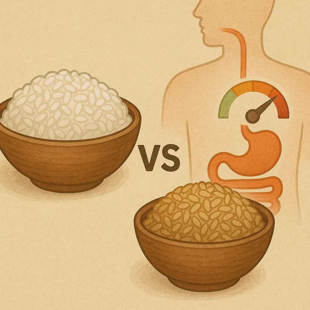 흰-쌀밥과-현미밥의-소화-속도-차이를-상징적으로-표현한-소화기관-건강-컨셉-일러스트