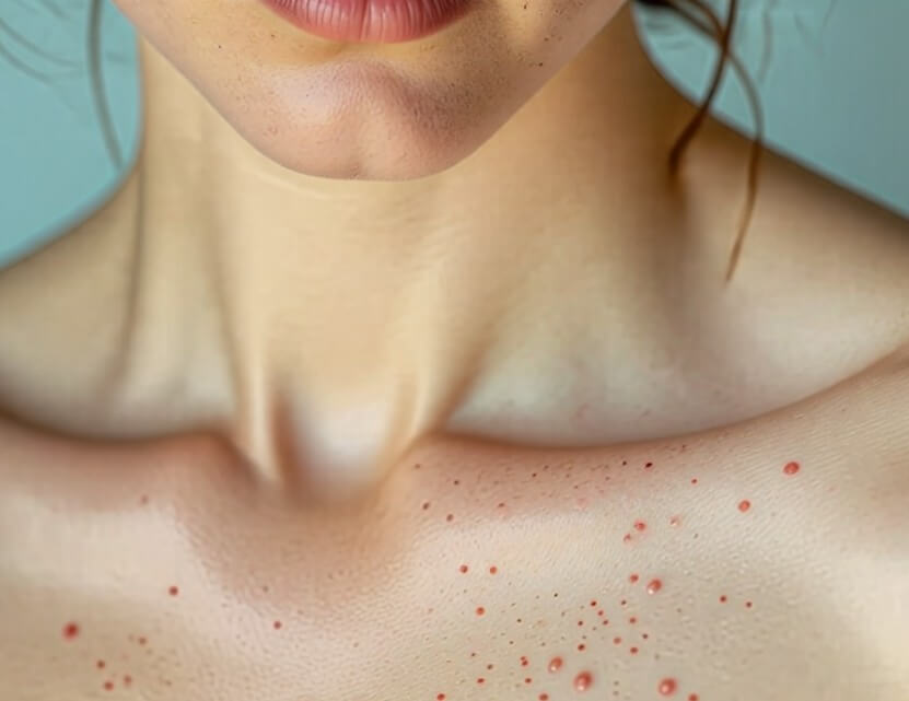 여성의-가슴-윗쪽에-여드름이-발생했습니다.