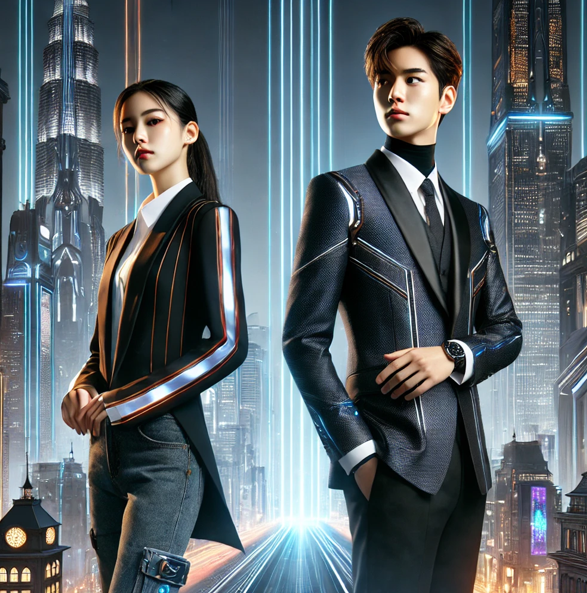 한국 드라마. 미래 도시를 배경으로 서있는 젊은 남녀 주인공