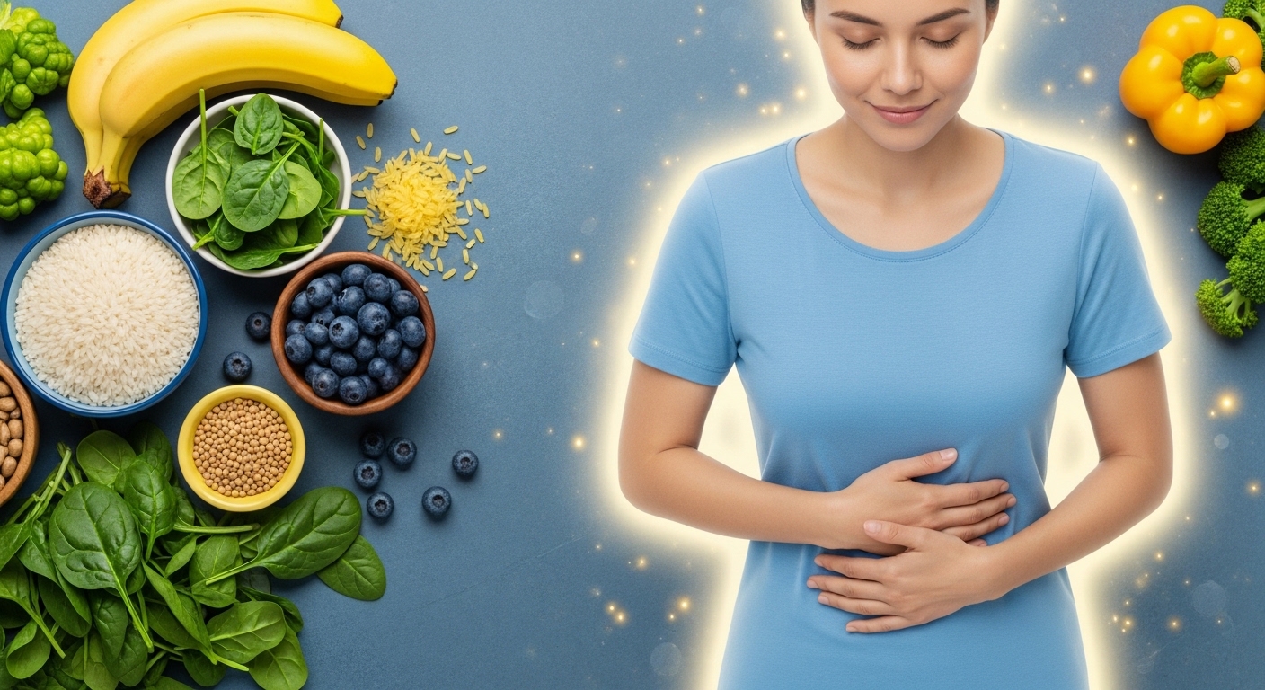 속 편안함을 느끼는 사람이 신선한 저포드맵 식단(바나나, 시금치, 쌀 등)에 둘러싸여 있는 모습, 과민대장증후군 식단 관리로 얻는 평온함을 상징함