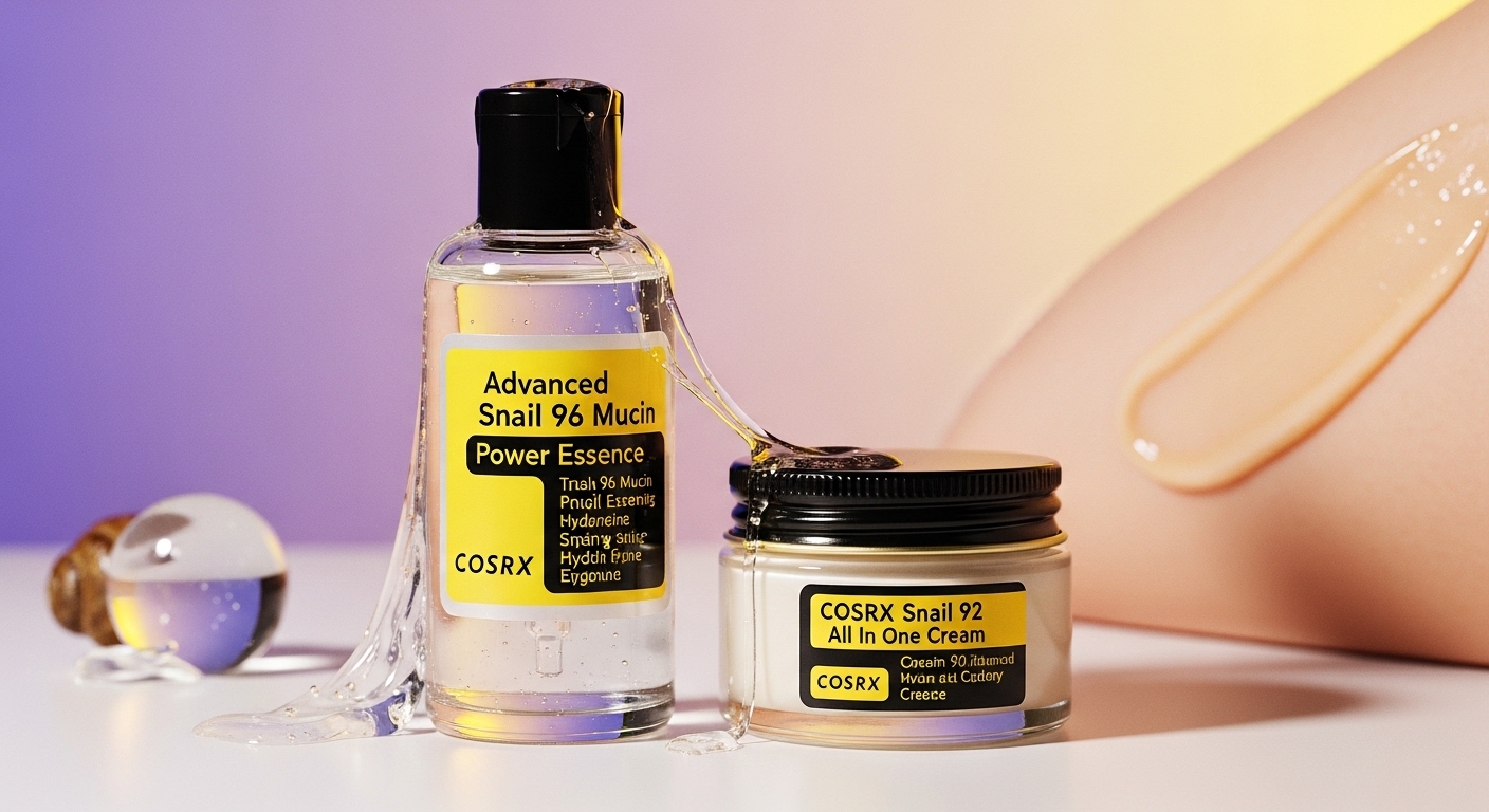 코스알엑스 어드벤스드 스네일 96 뮤신 파워 에센스와 스네일 92 올인원 크림이 보라색과 노란색 배경에 함께 놓여있는 모습. 쫀쫀하고 빛나는 피부결을 연상시키는 고급스러운 이미지.