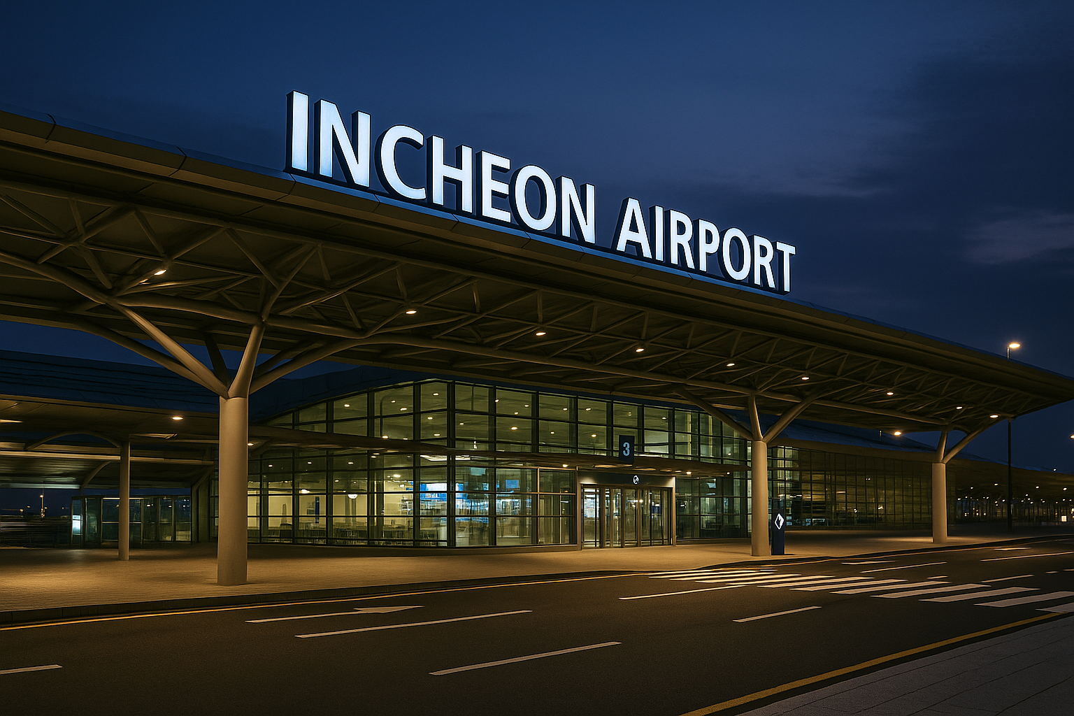 새벽 시간대 조명이 켜진 인천공항 입구 모습