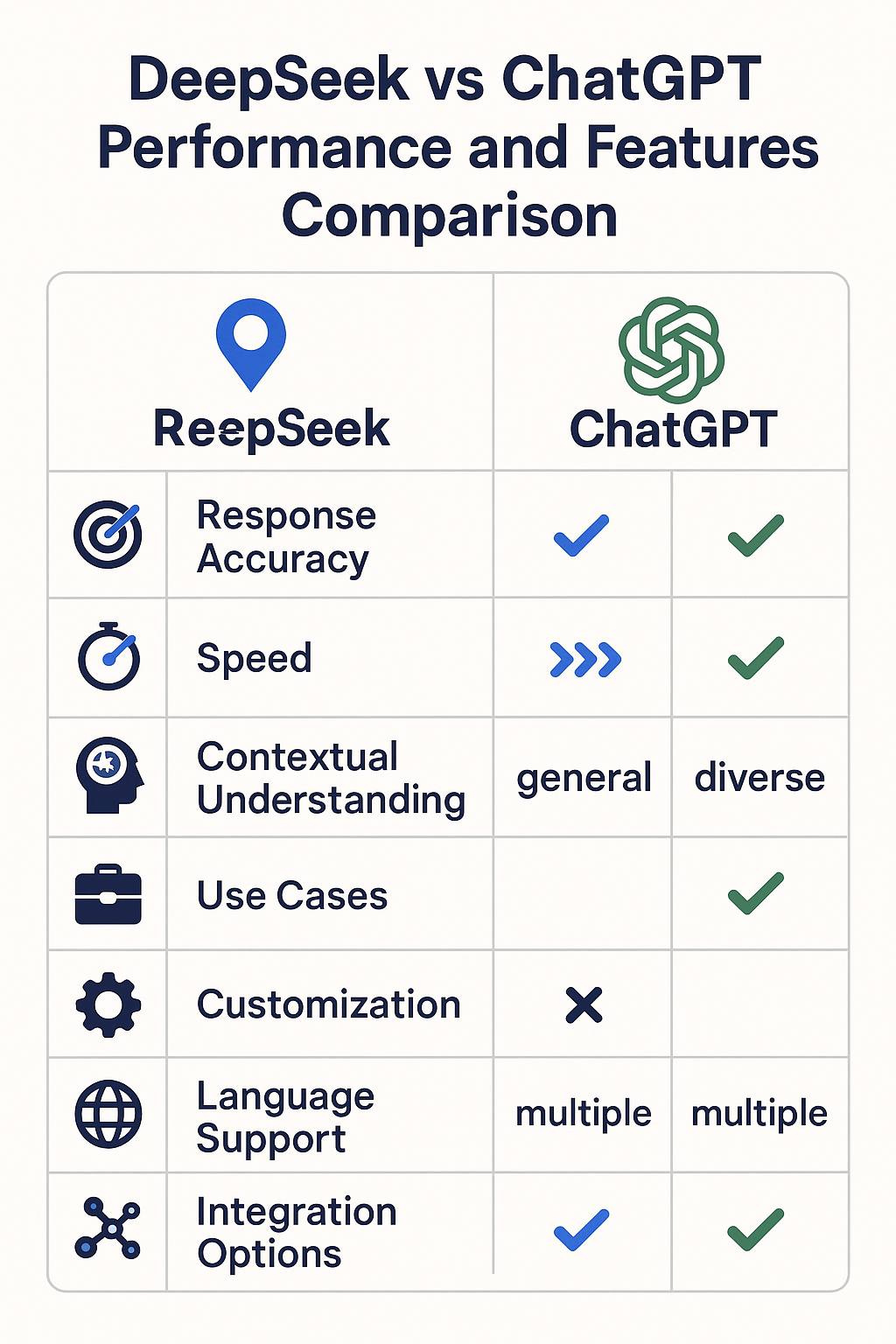 DeepSeek와 ChatGPT의 성능 비교와 주요 기능을 보여주는 인포그래픽