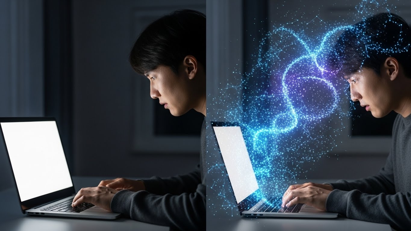 AI의 도움으로 글쓰기의 막막함을 해소하고 영감을 받아 빠르게 타이핑을 시작하는 한국인