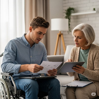 휠체어탄 남자 후견인여자 이미지