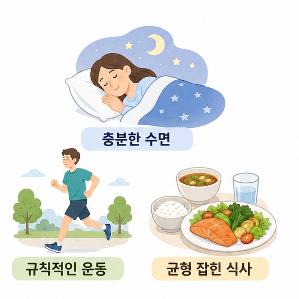 충분한 수면과 규칙적인 운동, 균형 잡힌 식사를 통해 면역 건강을 관리하는 모습을 보여주는 그림