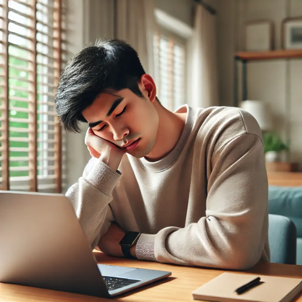 책상에 앉아 노트북을 바라보며 피로에 지친 표정을 짓는 동양인 젊은 남성의 초고해상도 사진