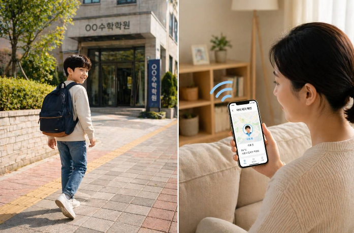 스마트폰으로 아이의 위치를 보고있는 엄마