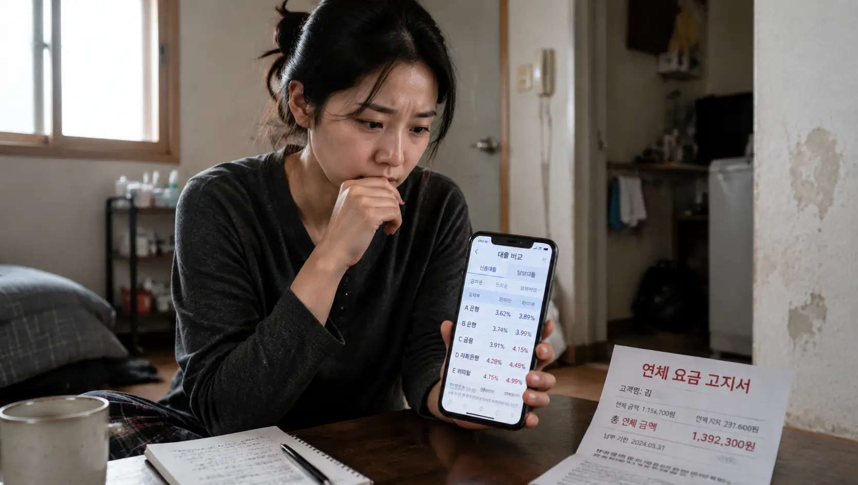오래된 다세대 주택 방 안에서 스마트폰 화면의 모바일 뱅킹 앱을 켜고 대출 비교표를 꼼꼼히 확인하는 30대 한국인 여성과 화면 옆에 놓인 연체 요금 고지서