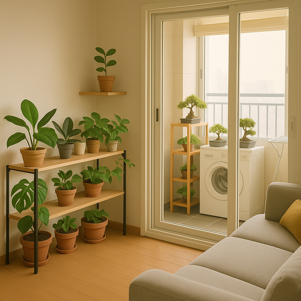 실내 선반 및 벽 선반에 식물배치