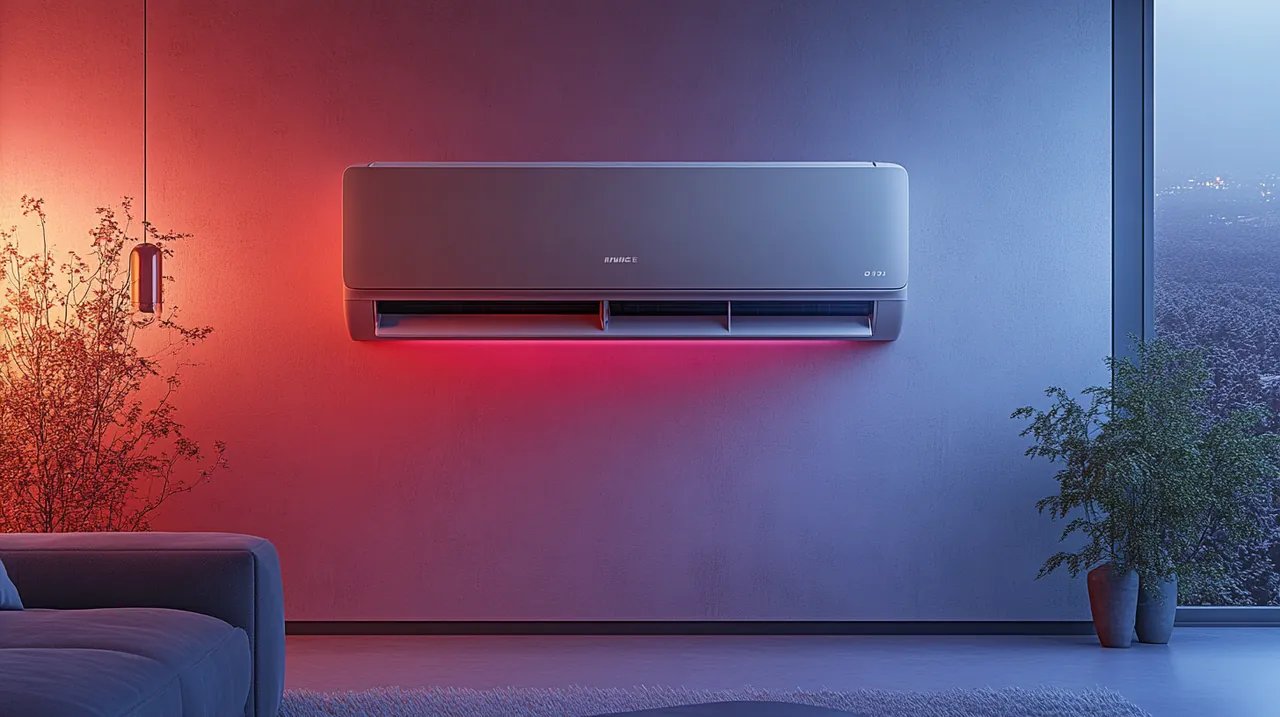 2025 최신 벽걸이 에어컨 디자인이 현대 거실의 우아함을 강조하며 첨단 기술을 구현한 장면입니다. 에어컨 추천을 위한 감각적인 세팅입니다.