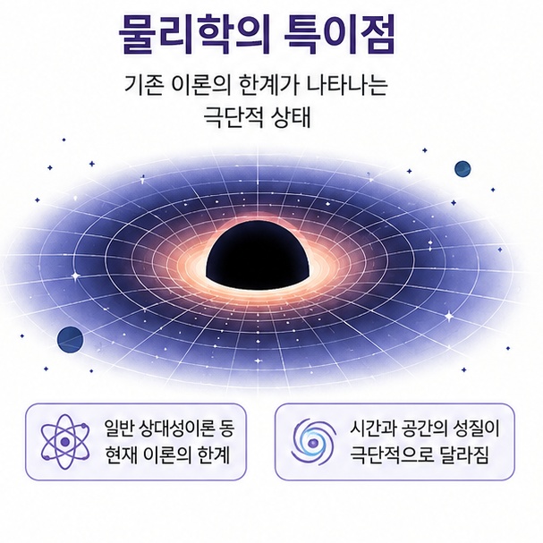 블랙홀과 시공간을 활용해 물리학에서 기존 이론으로 설명하기 어려운 특이점 개념을 표현한 이미지