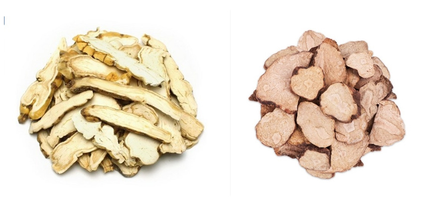 백하수오를 잘라서 가지런히 모아놓은 사진과 적하수오를 잘라서 가지런히 모아놓은 사진 - 태양인(太陽人)에게 맞는 음식