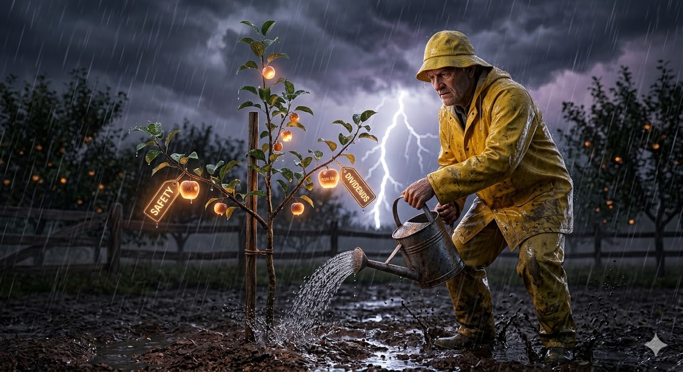 비바람이 치는 하락장에도 꿋꿋이 사과나무에 물을 주는 농부와, 그 나무에 열린 작은 사과가 훗날 큰 열매가 되는 모습