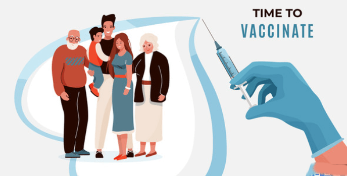 예방접종을 안내하는 일러스트와 가족 이미지