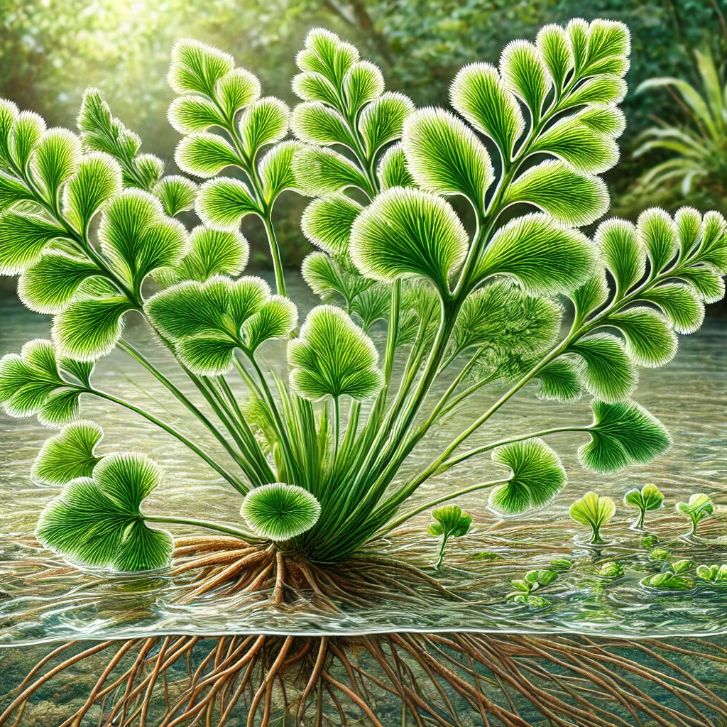이 이미지는 고사리삼(Ceratopteris thalictroides)을 자연스러운 물 환경에서 표현한 일러스트입니다. 고사리삼의 깃털 같은 섬세한 잎이 물속과 물 위로 뻗어 있으며, 선명한 초록빛을 띠고 있습니다. 물속으로 뻗은 뿌리들이 보이고, 주변에는 작은 수생 식물들과 물결이 고요하게 일렁입니다. 배경에는 햇살이 은은하게 비추며, 물속 생태계의 평화로운 분위기를 한층 강조하고 있습니다.