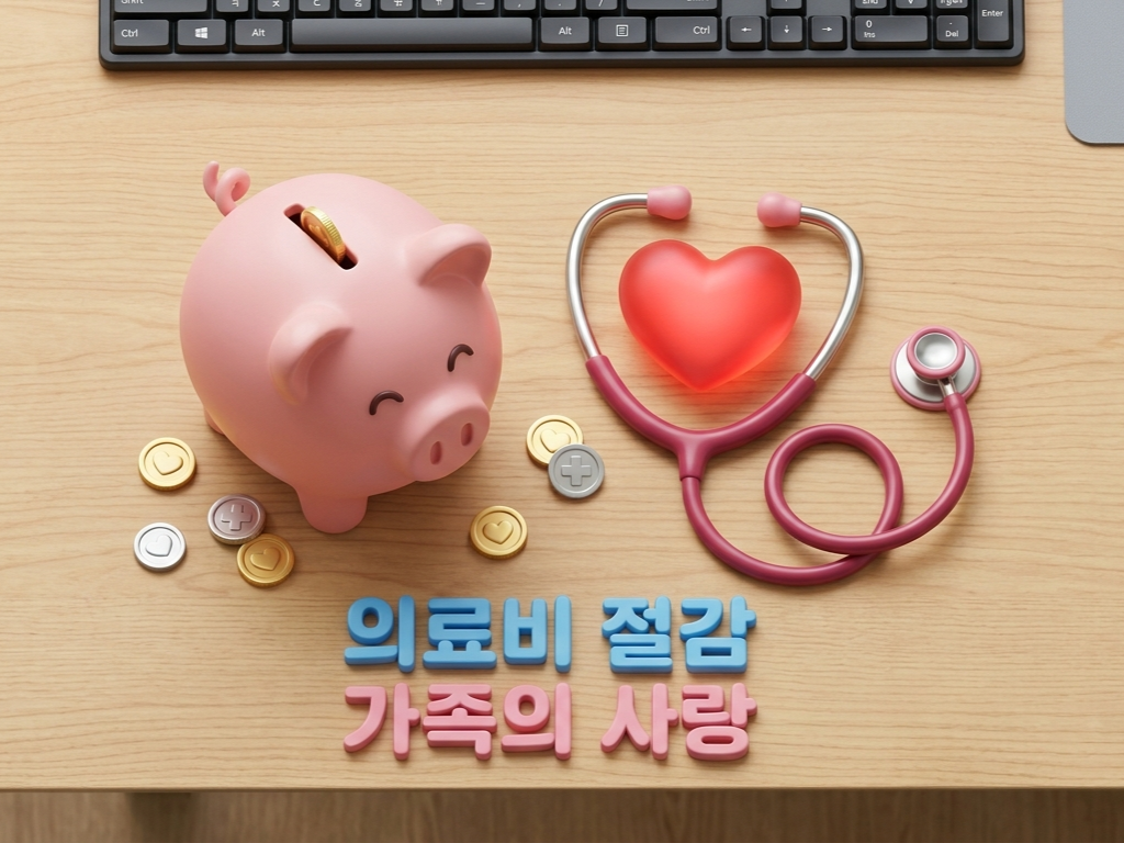 의료비 절약과 가족 건강을 상징하는 저금통과 하트 아이콘 이미지