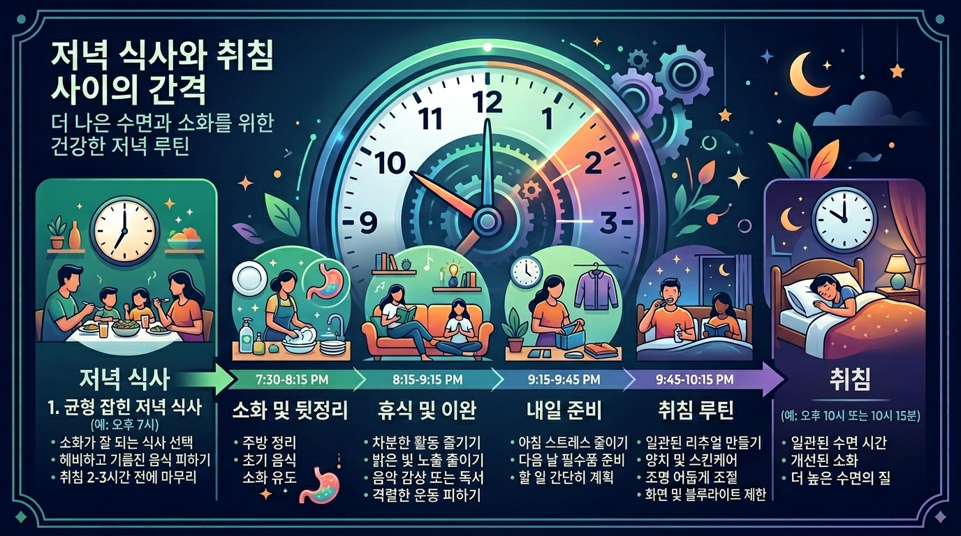 저녁 식사 후 소화 유도, 휴식, 취침 준비 등 시간대별 건강 루틴을 설명하는 인포그래픽