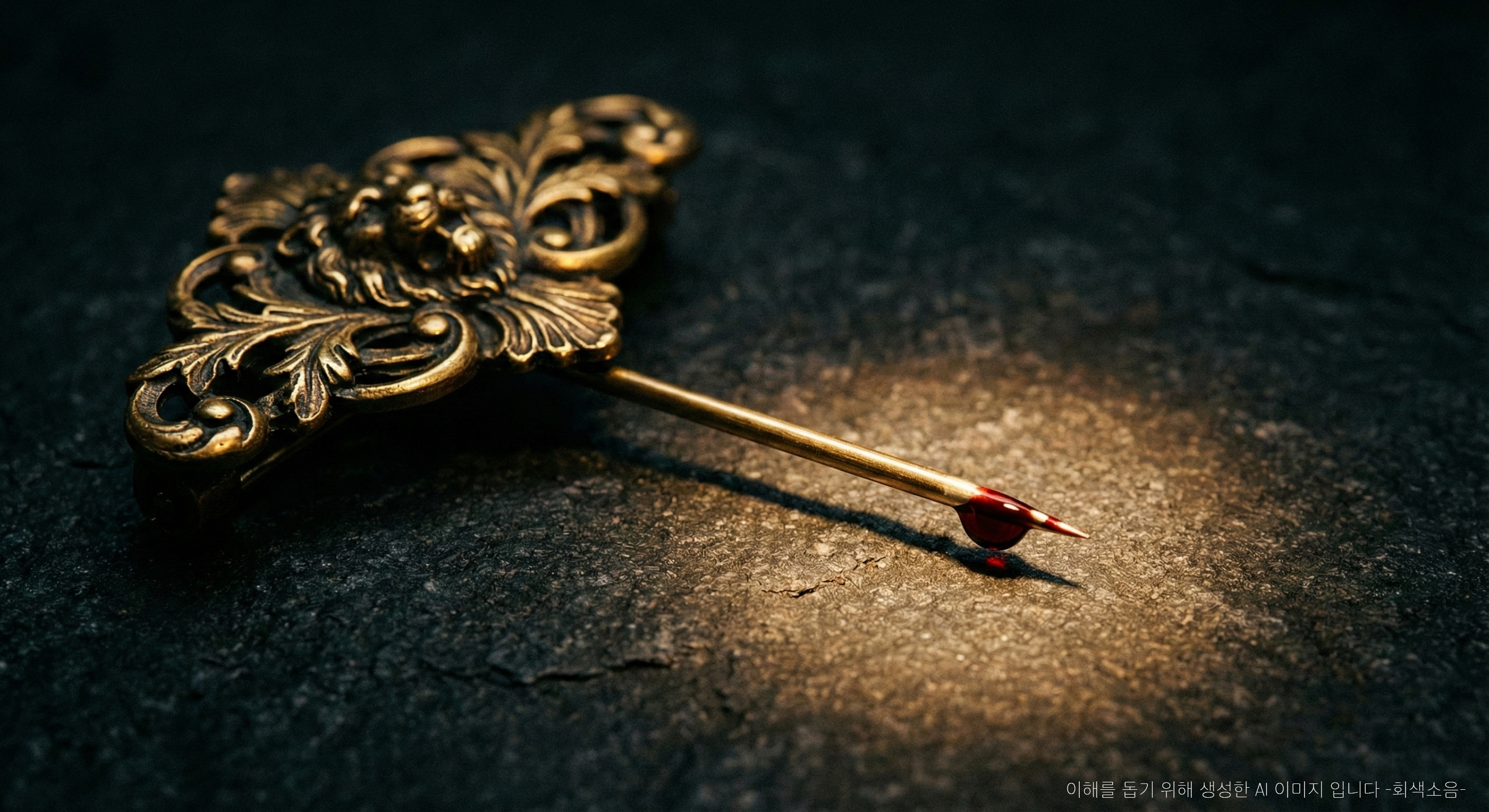 어두운 돌바닥 위에 날카로운 금색 브로치 끝에 붉은 한 방울이 맺혀 빛과 그림자의 대비가 강하게 드러나는 매크로 장면.