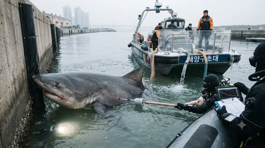 부캉이를 안전하게 바다로 돌려보내기 위한 구조 작업을 표현한 이미지